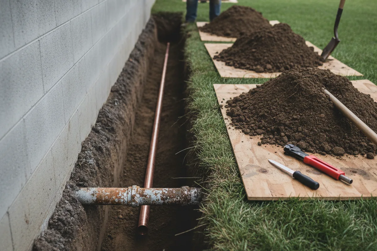 Excavated water line trench during Water Heater Repair in Durhamville